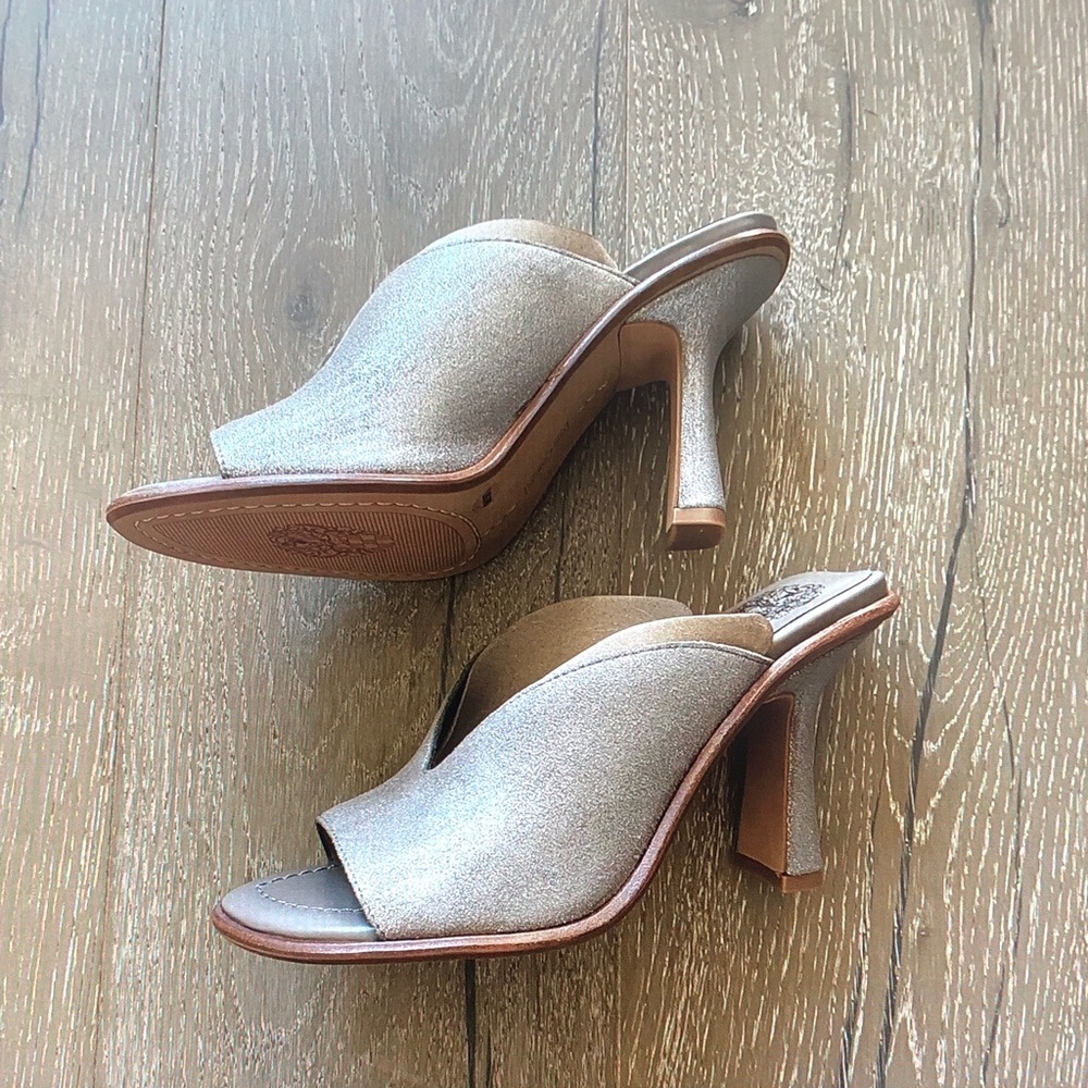 Vince Camuto Shimmery Taupe Open-Toe V-Slit Slide Mules - Picture 2 of 5